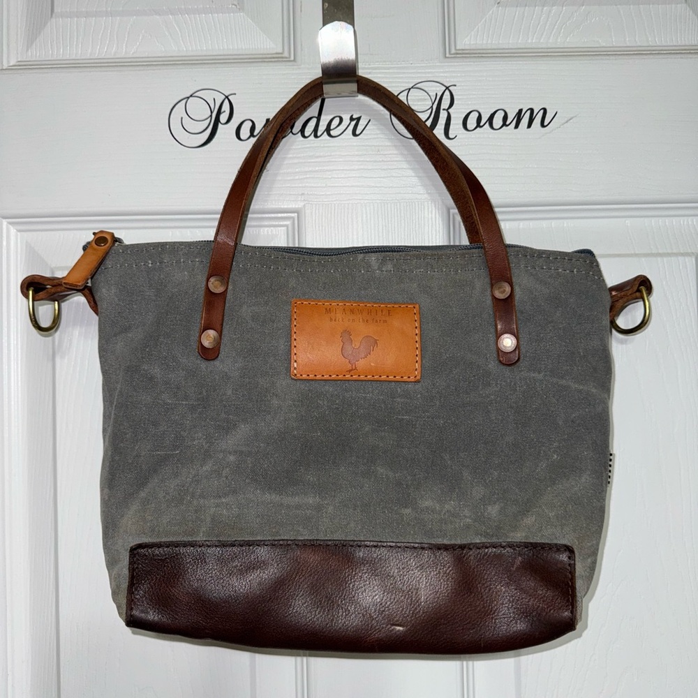 Meanwhile Back on the Farm Slate Blue Waxed Canvas Tote Rustic Casual Bag